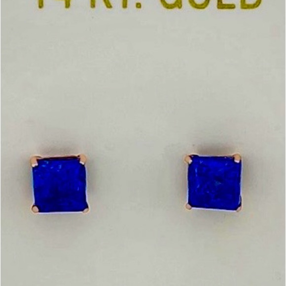 14K solid Rose Gold Genuine .98ctsBlue Opal Princess Cut Stud Earrings - Picture 12 of 12